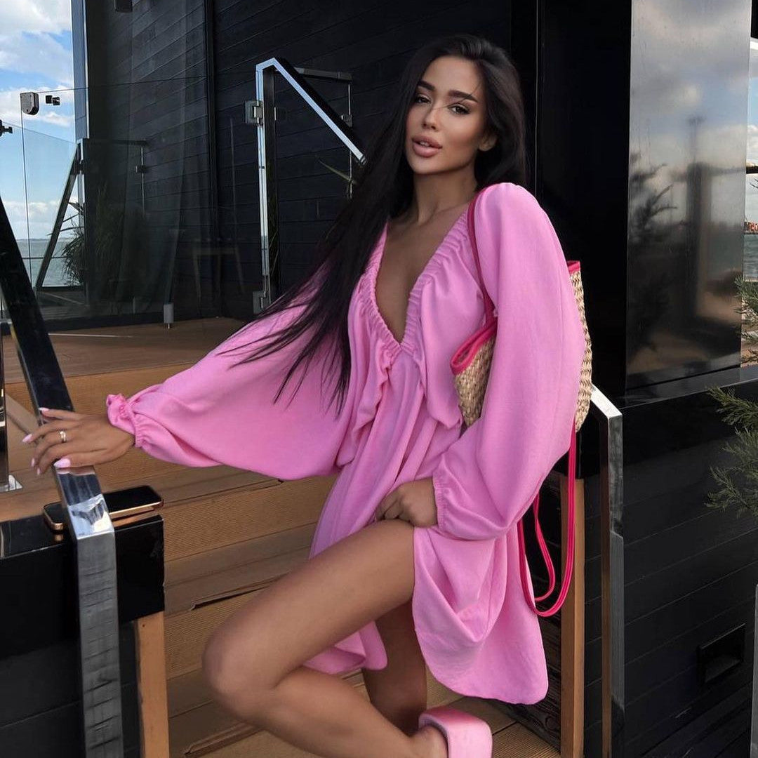 Infinity Beautiful Lantern Sleeve Dress – V-Neck Loose Fit Fashion Style
