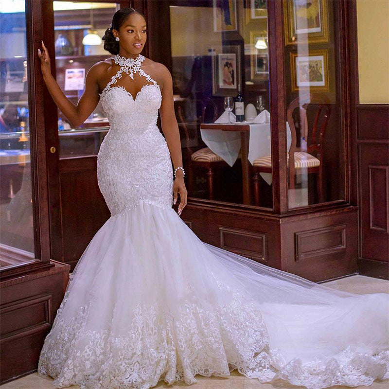 Infinity Beautiful Vintage Lace Wedding Dress – Beaded Mermaid Gown with Sheer Neck