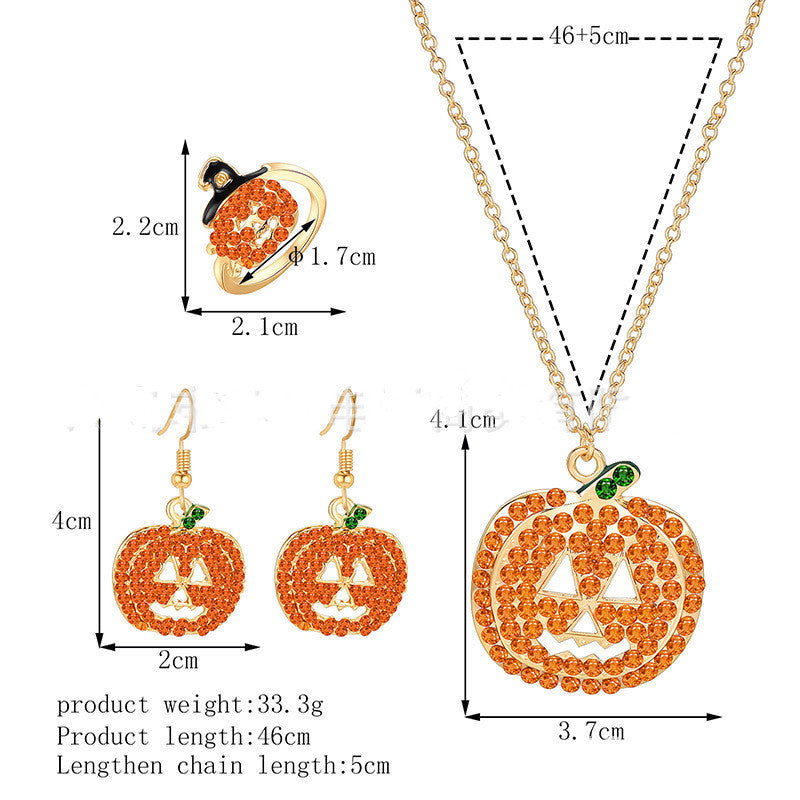 Skull Pumpkin Earrings Necklace Ring Jewelry Set
