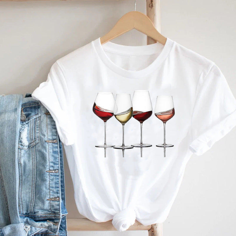 Beautiful Wine Print Casual Short Sleeve Top – Soft & Stylish Women’s Tee - Infinity Beautiful Boutique