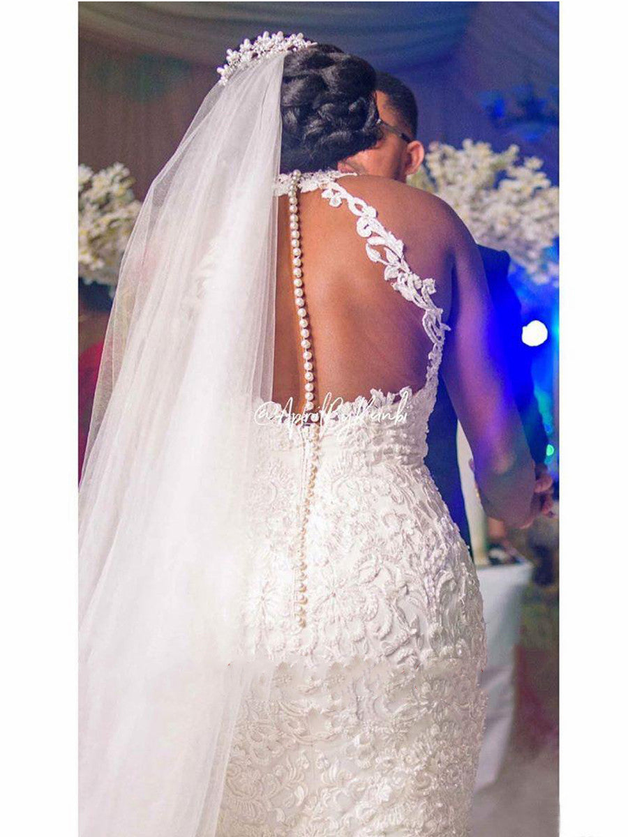 Infinity Beautiful Vintage Lace Wedding Dress – Beaded Mermaid Gown with Sheer Neck