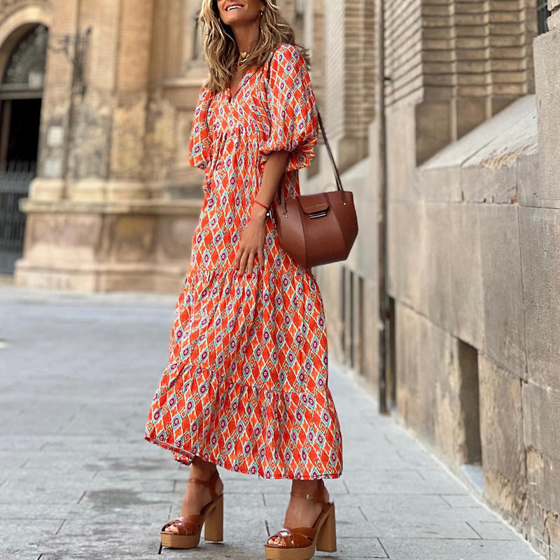 Infinity Beautiful Boho V-Neck Maxi Dress – Vintage Print Summer Style for Women