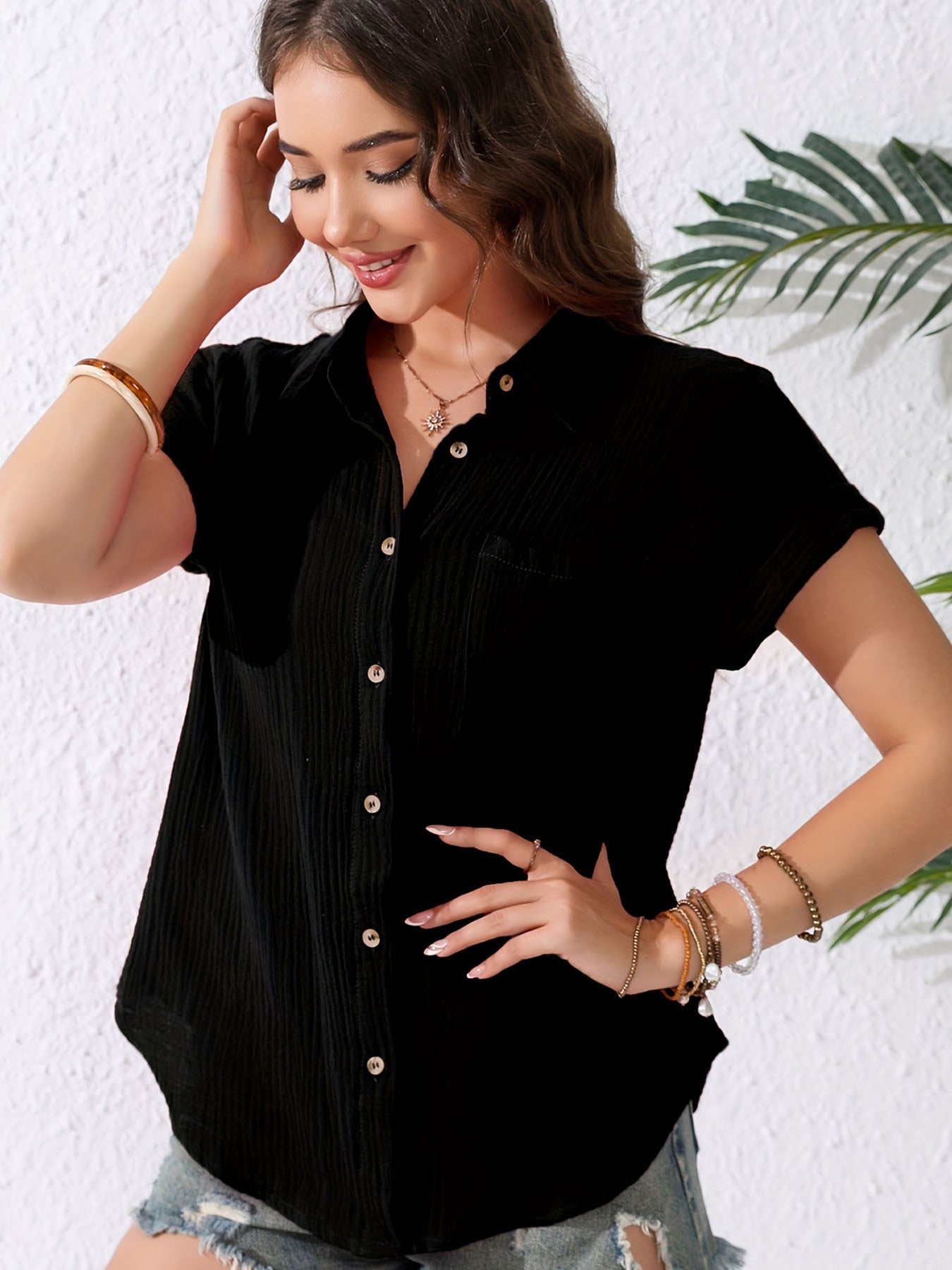Women's V-Neck Blouse With Button Front Lightweight Pockets Casual Short Sleeve Shirt Spring & Summer