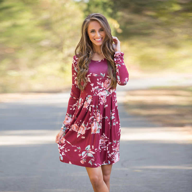 Infinity Beautiful Floral A-Line Dress – Elegant Long Sleeve High Waist Style
