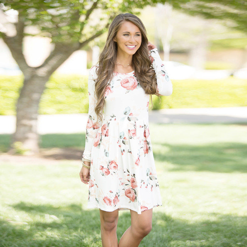 Infinity Beautiful Floral A-Line Dress – Elegant Long Sleeve High Waist Style