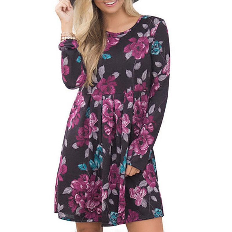 Infinity Beautiful Floral A-Line Dress – Elegant Long Sleeve High Waist Style