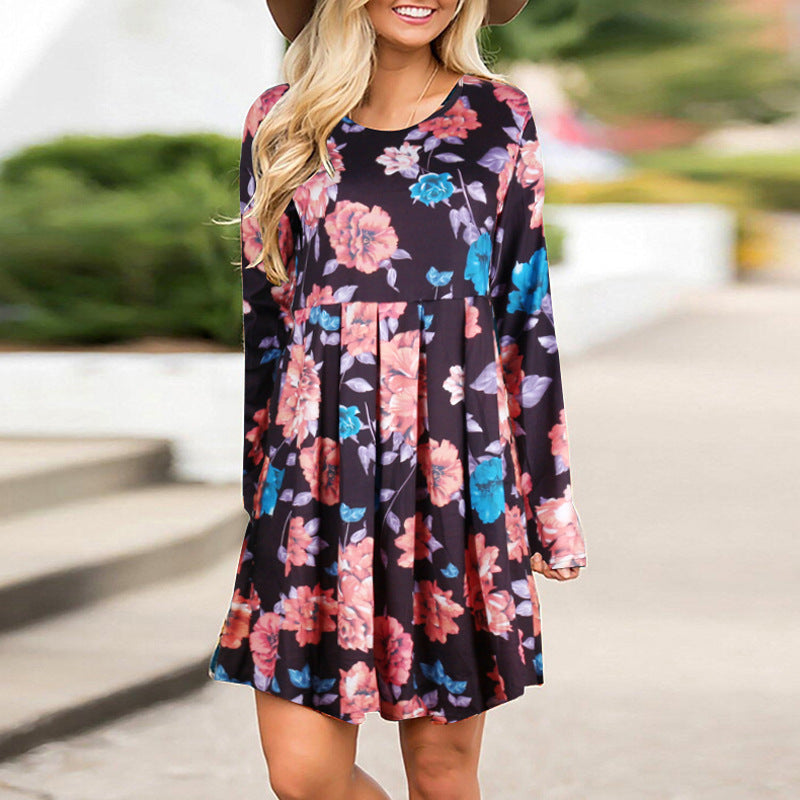 Infinity Beautiful Floral A-Line Dress – Elegant Long Sleeve High Waist Style