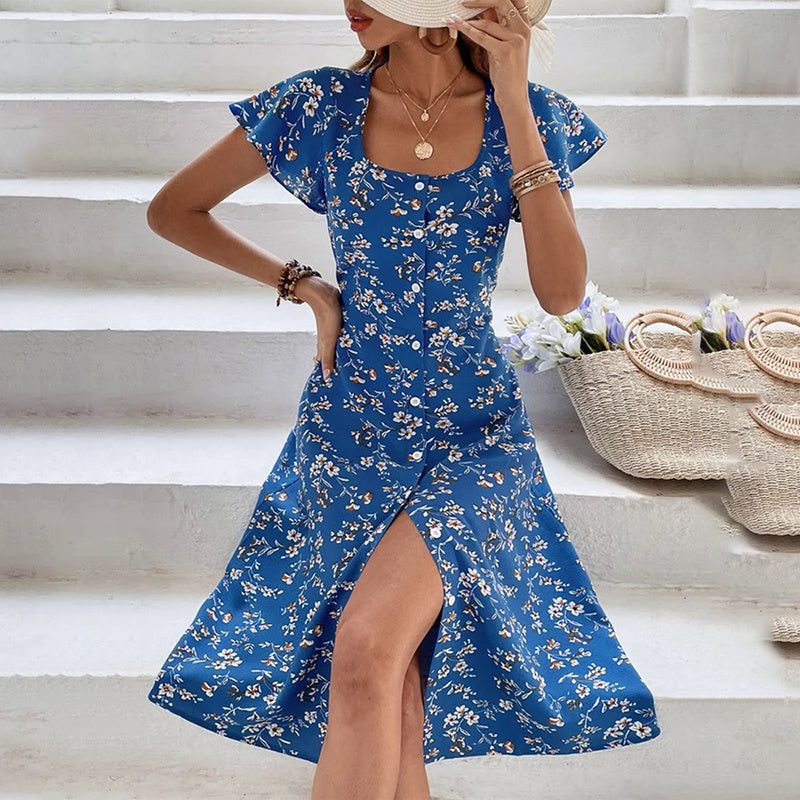 Infinity Beautiful Boho Bloom Maxi – Floral Button-Up Dress with Flowy Silhouette and Side Slit