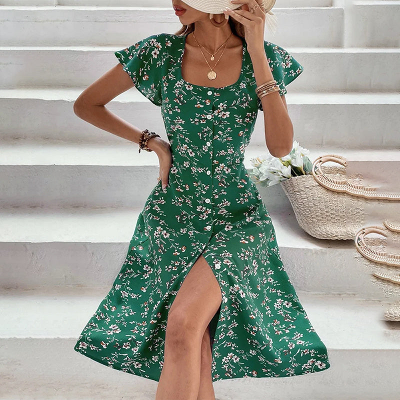 Infinity Beautiful Boho Bloom Maxi – Floral Button-Up Dress with Flowy Silhouette and Side Slit