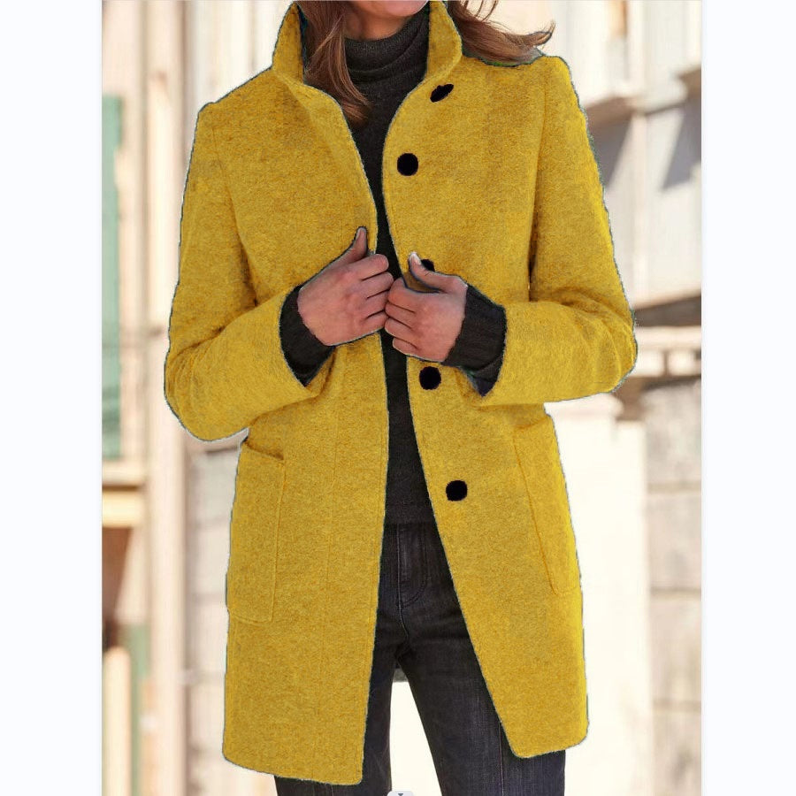 Fashion Stand Collar Woolen Coat With Pockets Fall Winter Casual Button Outwear For Women Clothing - Infinity Beautiful Boutique