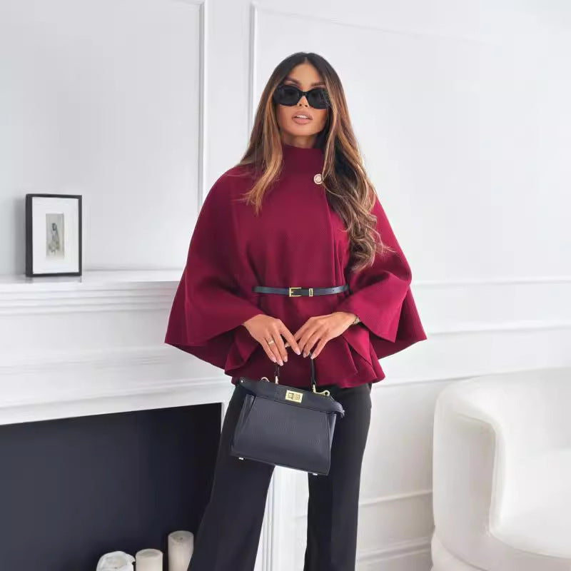 Batwing Sleeve Belted Cloak Jacket – Chic Woolen Sweater Top for Women - Infinity Beautiful Boutique