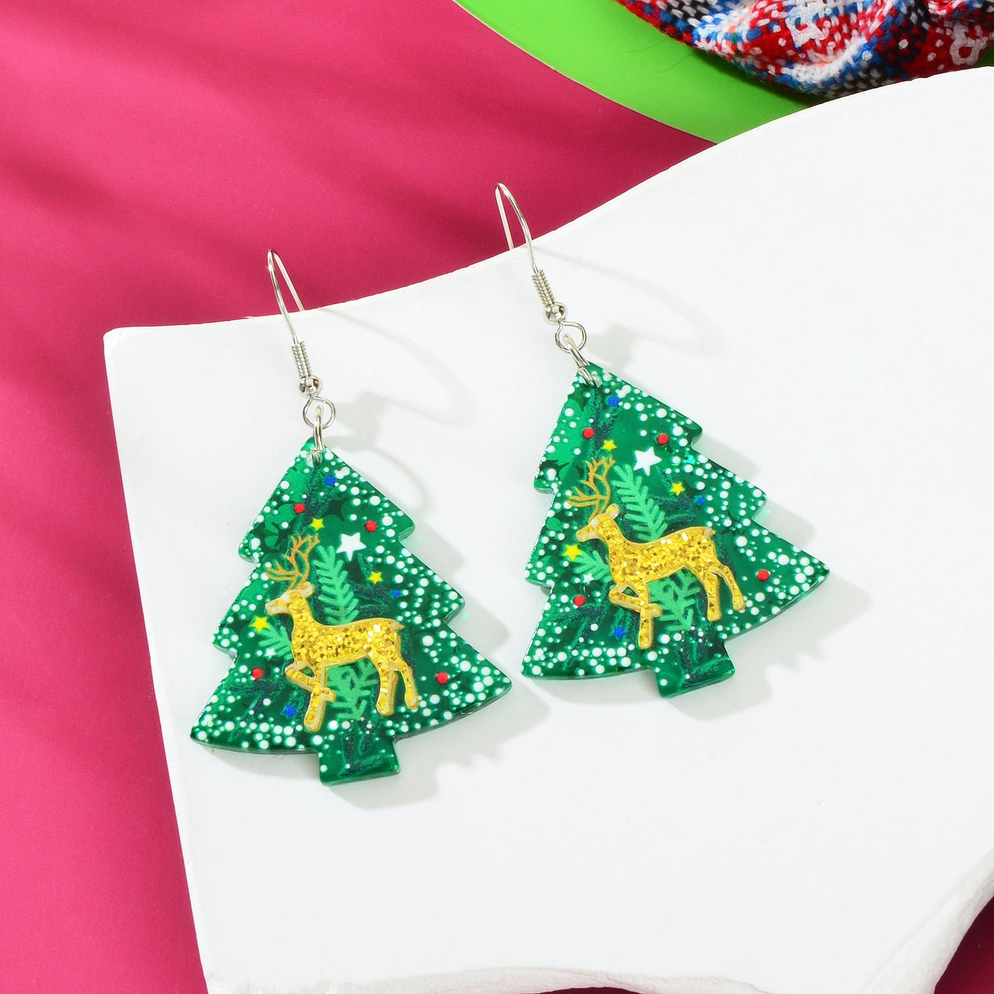 Deer Pattern Green Christmas Tree Acrylic Dangle Earrings Festival