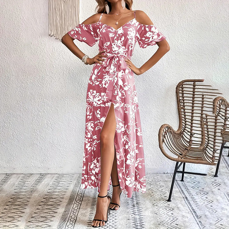 Infinity Beautiful Petal Whisper Maxi – Floral Cold Shoulder Dress with Flowy Slit and Cinched Waist