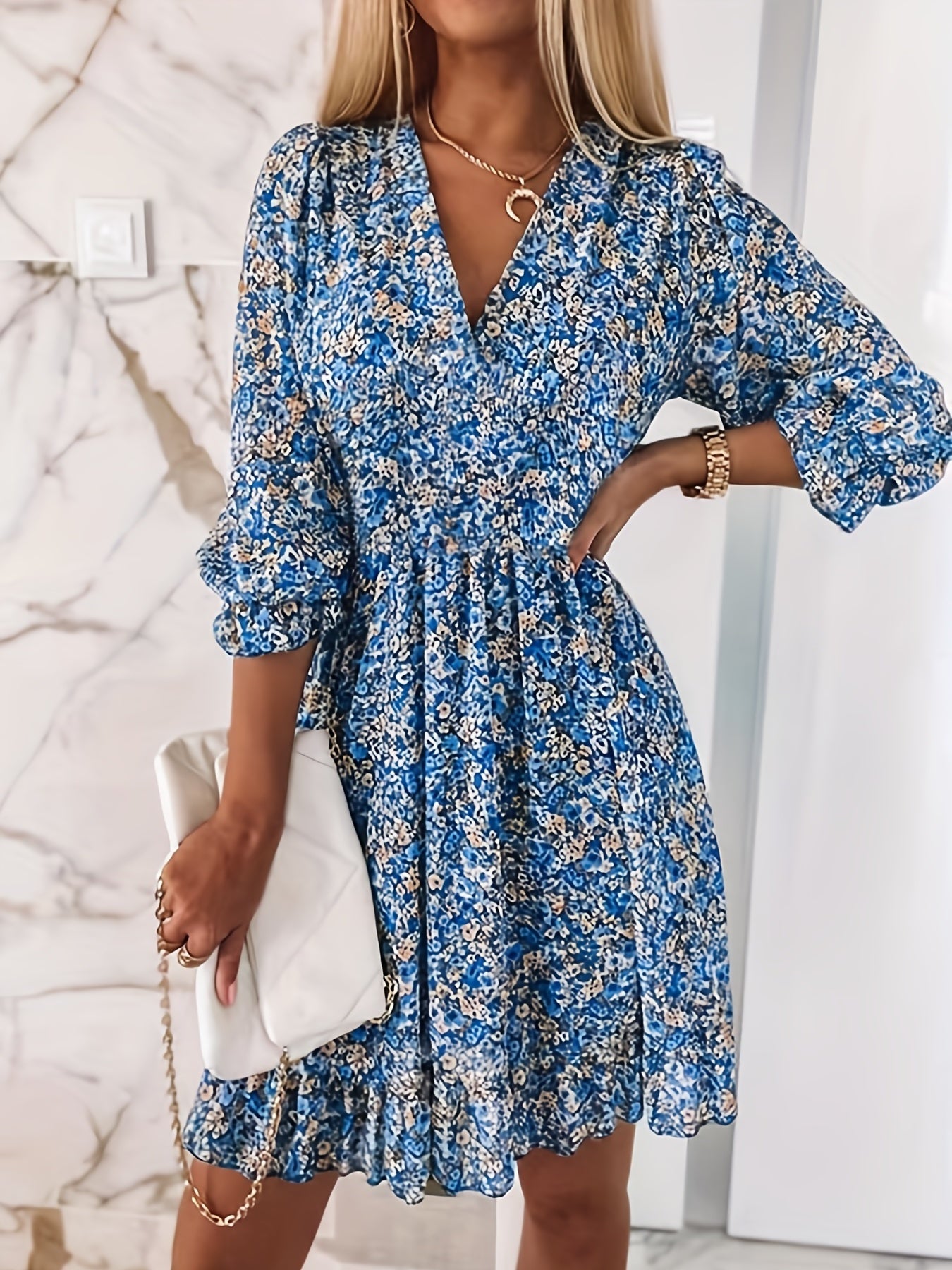 Infinity Beautiful Graceful Bloom Dress – V-Neck Print with Ruffle Sleeves & Flattering Waist, Perfect for Spring & Fall