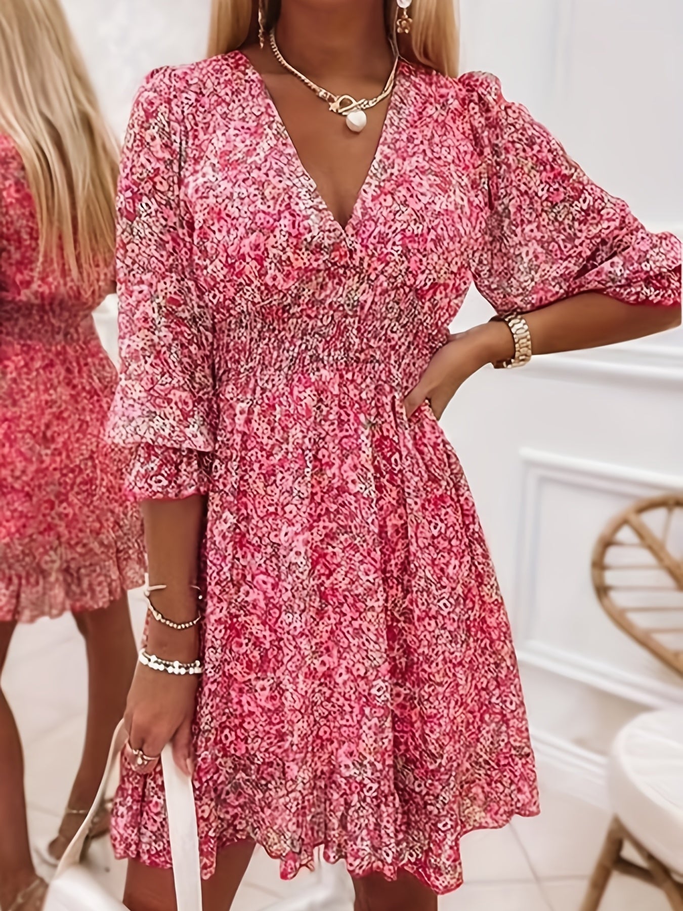 Infinity Beautiful Graceful Bloom Dress – V-Neck Print with Ruffle Sleeves & Flattering Waist, Perfect for Spring & Fall