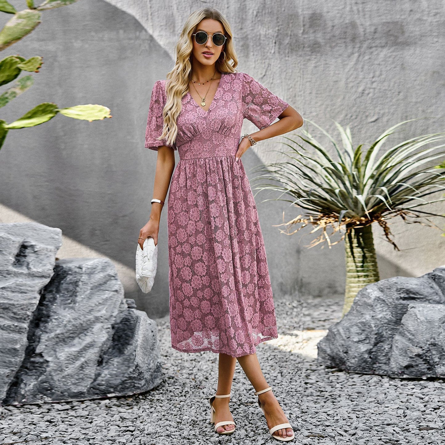 Infinity Beautiful V-Neck Lace Dress – Elegant Short Sleeve Summer Maxi Style - Infinity Beautiful Boutique