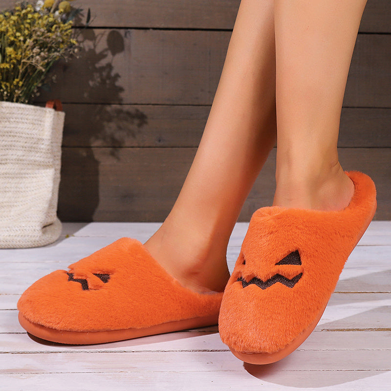 Cute Halloween Pumpkin Slippers Winter Warm Plush Bedroom Floor Home Slippers Casual Slip On Comfortable Cozy Indoor House Shoes - Infinity Beautiful Boutique