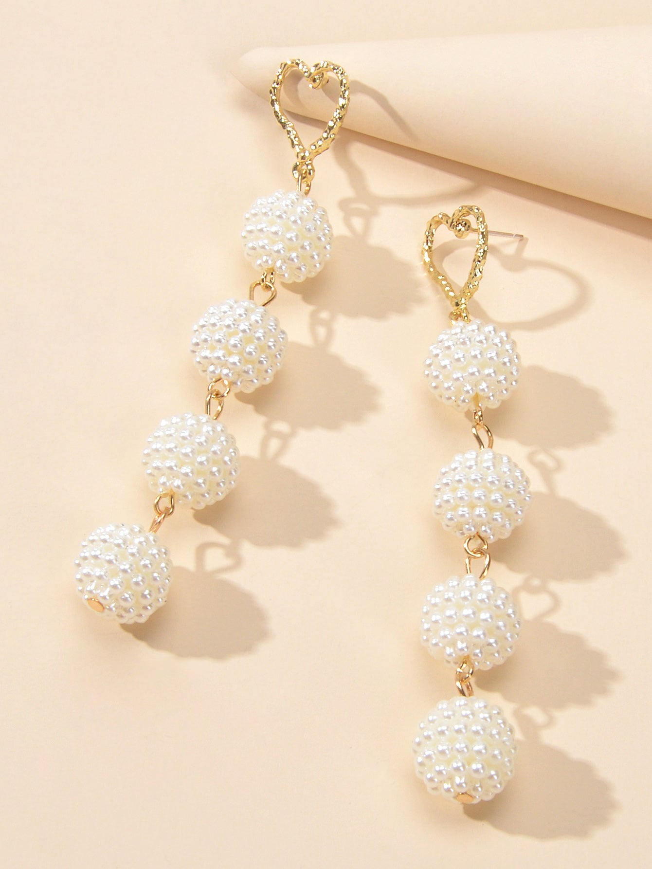 Beautiful White Beads Ball Gold Heart Long Dangle Earrings Perfect