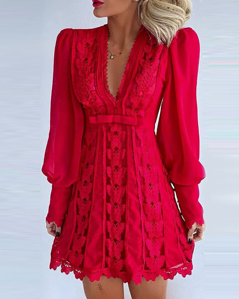 Infinity Beautiful White Lace Dress – Sexy V-Neck with Puff Sleeves & Butterfly Detail