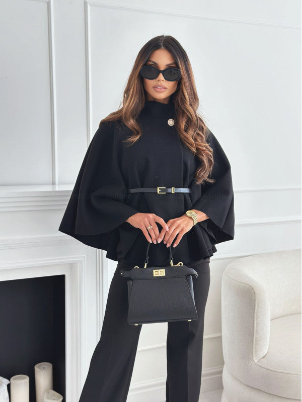 Batwing Sleeve Belted Cloak Jacket – Chic Woolen Sweater Top for Women - Infinity Beautiful Boutique