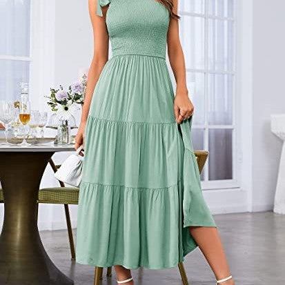 One-Shoulder Pleated Summer Dress - Infinity Beautiful Boutique
