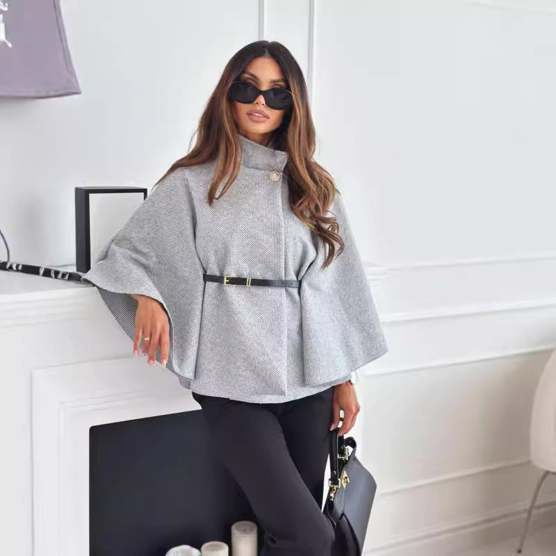 Batwing Sleeve Belted Cloak Jacket – Chic Woolen Sweater Top for Women - Infinity Beautiful Boutique