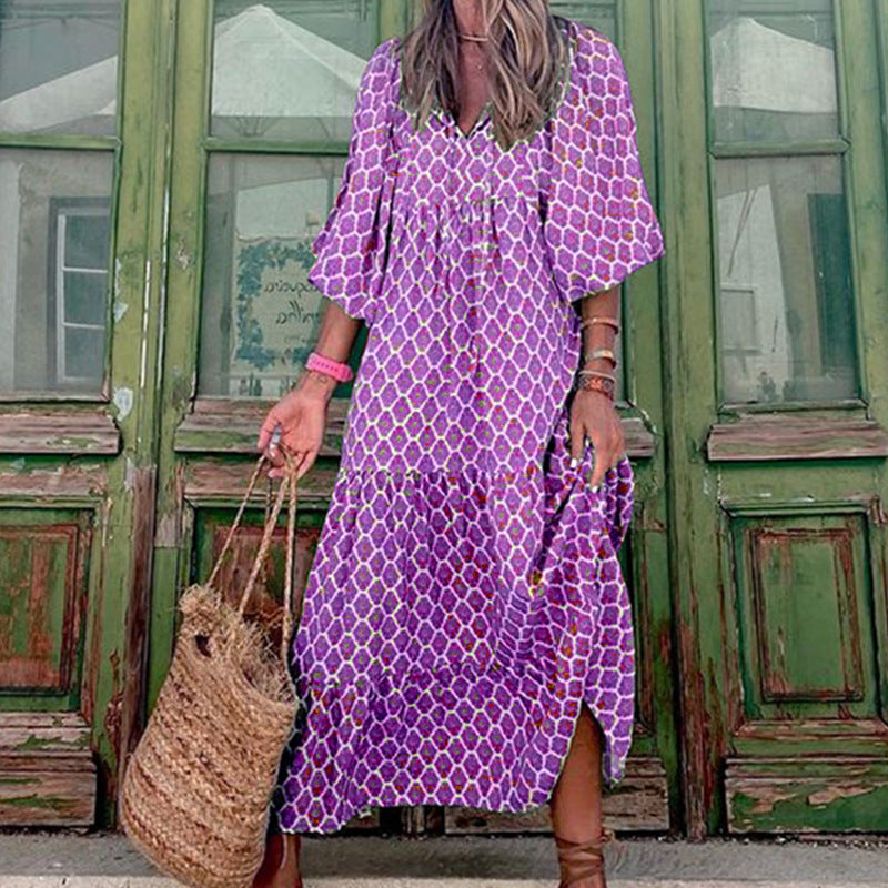 Infinity Beautiful Boho V-Neck Maxi Dress – Vintage Print Summer Style for Women