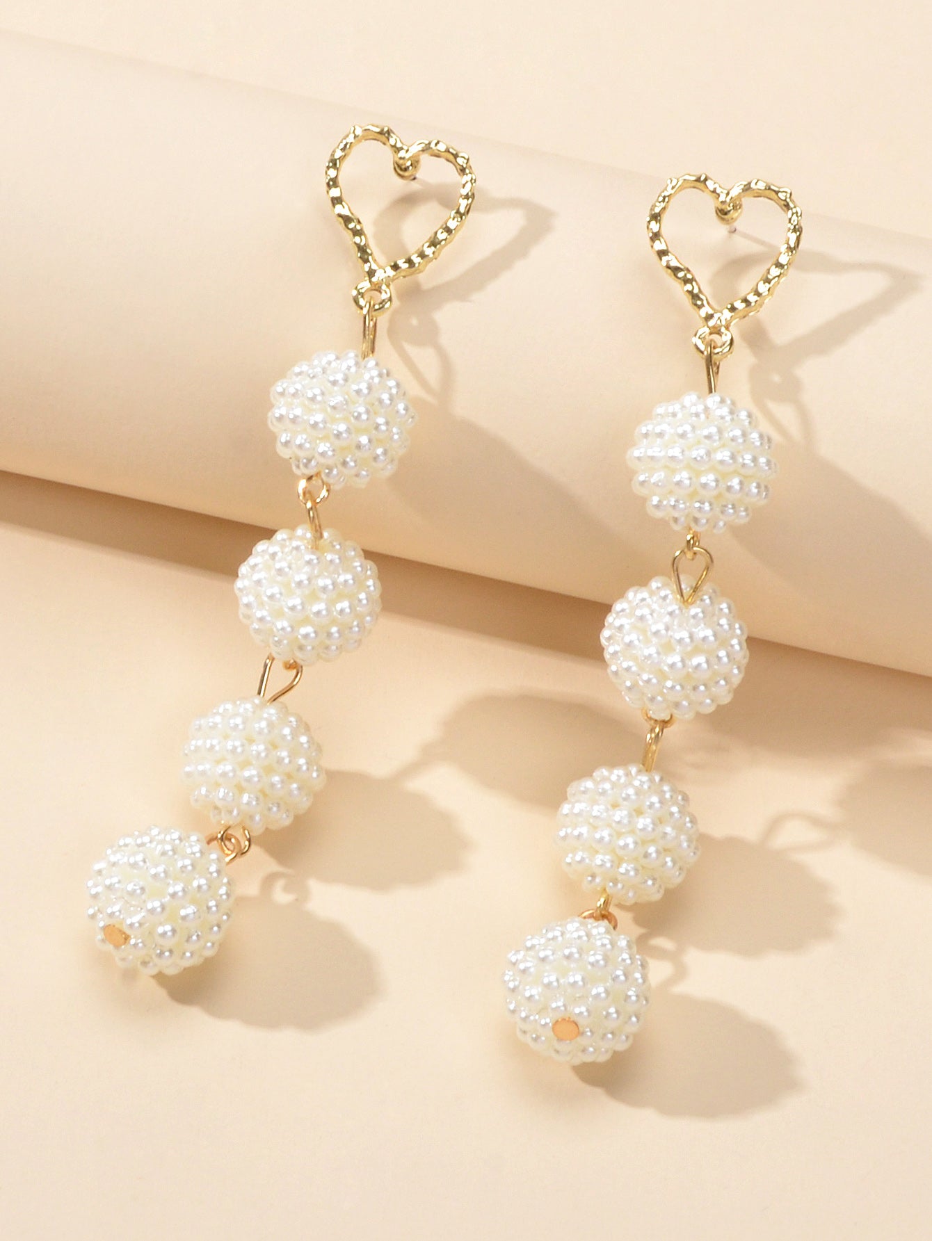 Beautiful White Beads Ball Gold Heart Long Dangle Earrings Perfect