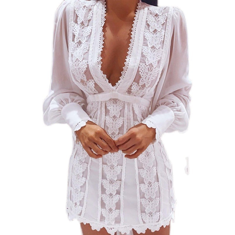Infinity Beautiful White Lace Dress – Sexy V-Neck with Puff Sleeves & Butterfly Detail