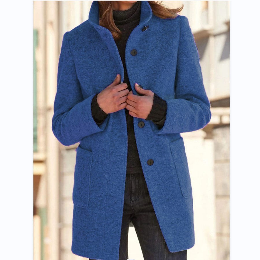 Fashion Stand Collar Woolen Coat With Pockets Fall Winter Casual Button Outwear For Women Clothing - Infinity Beautiful Boutique