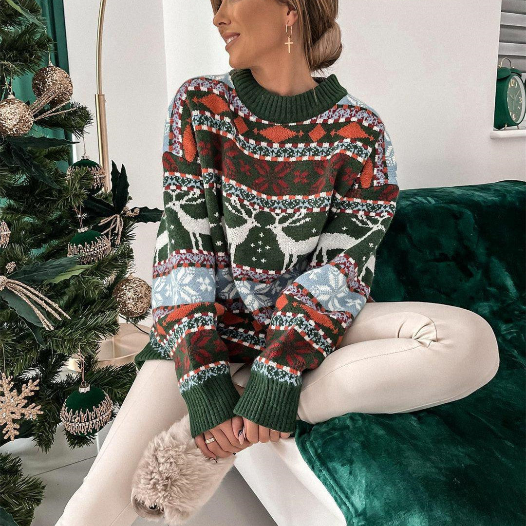 Women's Fashion Round Neck Loose Christmas Theme Jacquard Long Sleeve Sweater - Infinity Beautiful Boutique