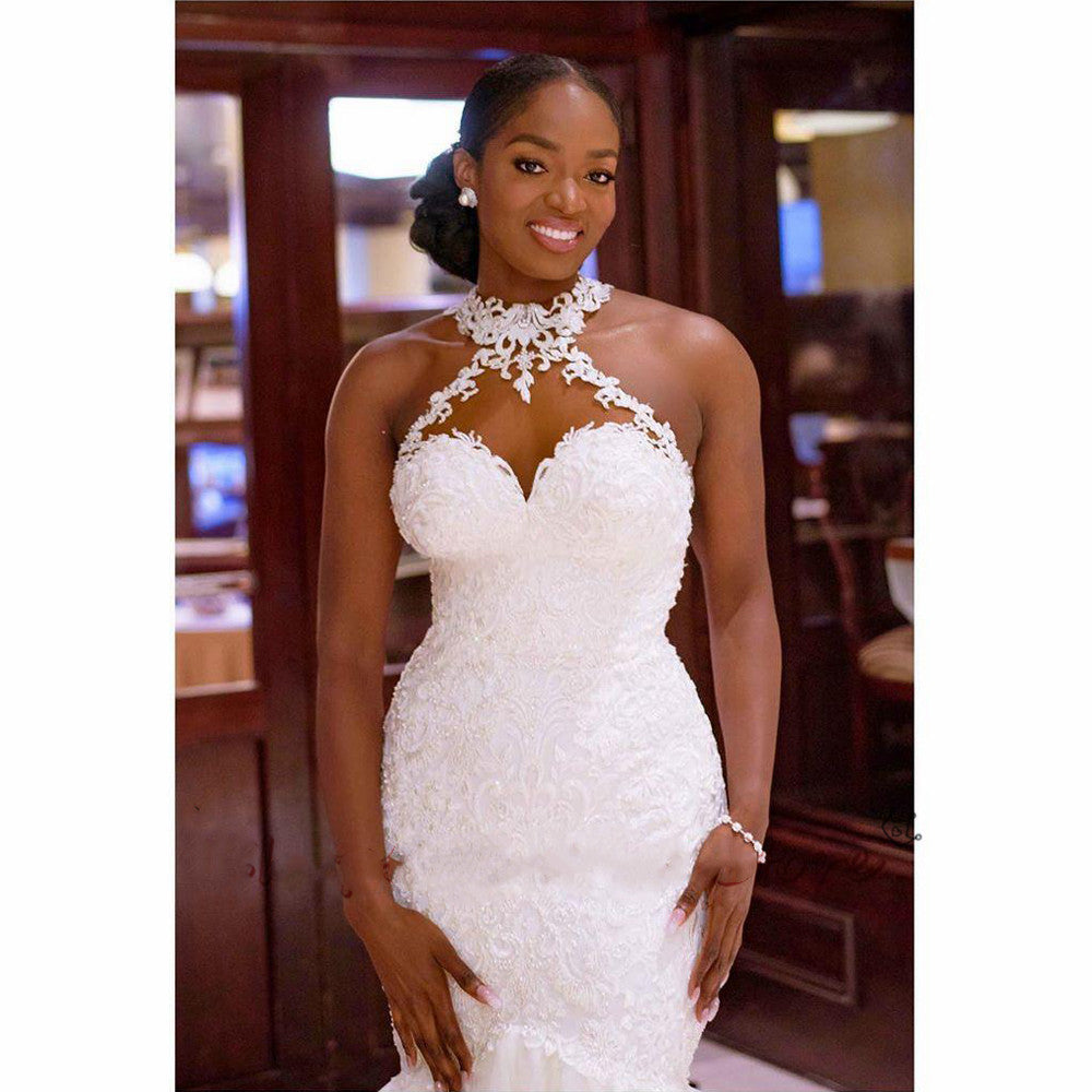 Infinity Beautiful Vintage Lace Wedding Dress – Beaded Mermaid Gown with Sheer Neck