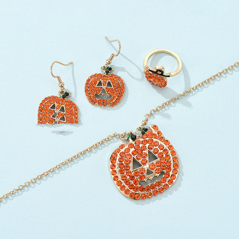 Skull Pumpkin Earrings Necklace Ring Jewelry Set