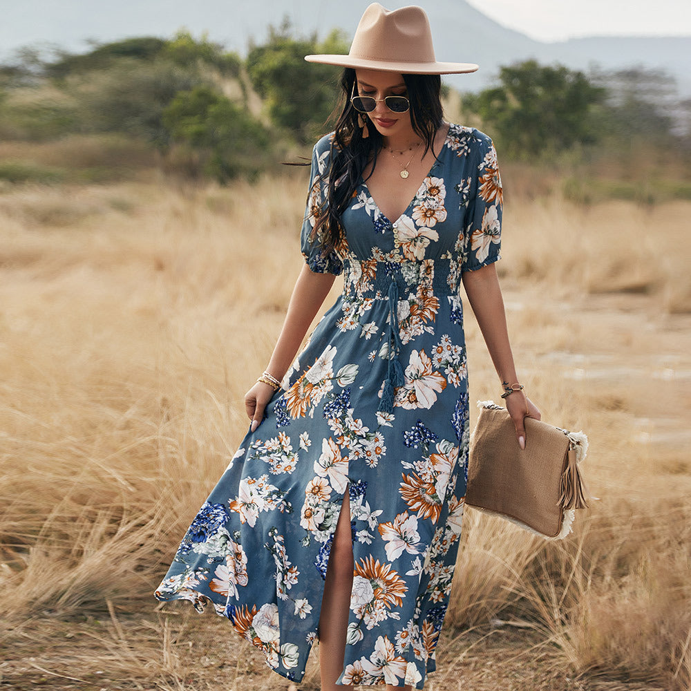 Infinity Beautiful Floral V-Neck Dress – Summer Beach Style with Elastic Waist - Infinity Beautiful Boutique