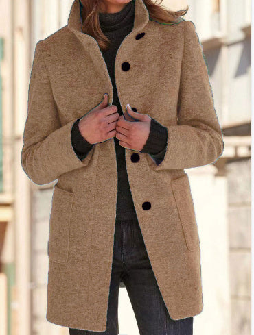 Fashion Stand Collar Woolen Coat With Pockets Fall Winter Casual Button Outwear For Women Clothing - Infinity Beautiful Boutique