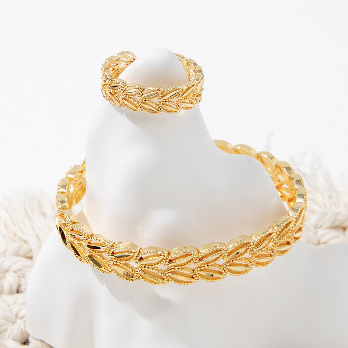 2Pcs Fashion 18k Gold Plated Wheat Ear Leaves Opening Bracelet Ring Set Suitable For Women's Daily Wear Holiday Jewelry Gifts - Infinity Beautiful Boutique