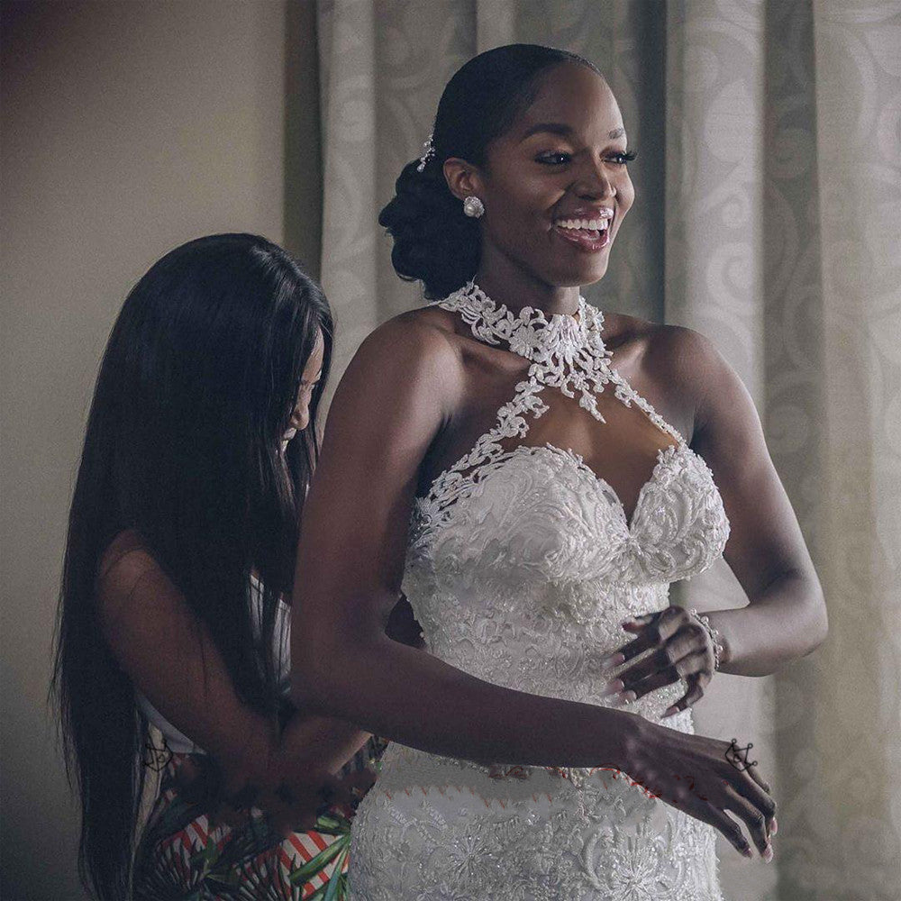Infinity Beautiful Vintage Lace Wedding Dress – Beaded Mermaid Gown with Sheer Neck