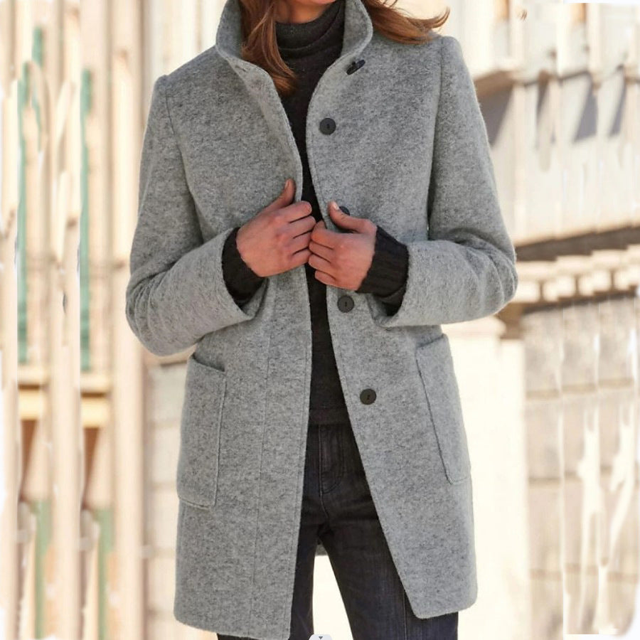 Fashion Stand Collar Woolen Coat With Pockets Fall Winter Casual Button Outwear For Women Clothing - Infinity Beautiful Boutique