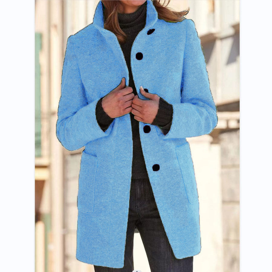 Fashion Stand Collar Woolen Coat With Pockets Fall Winter Casual Button Outwear For Women Clothing - Infinity Beautiful Boutique