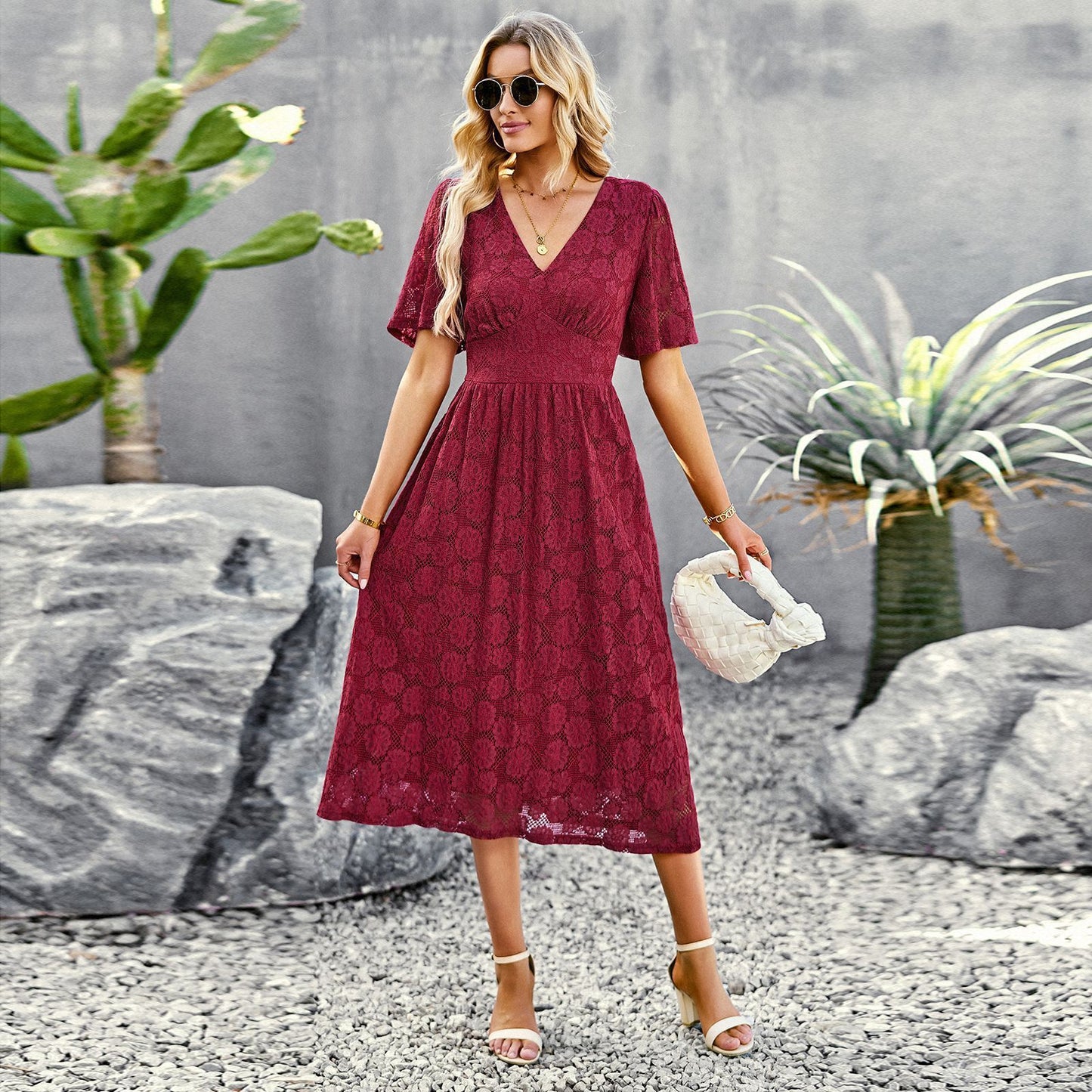 Infinity Beautiful V-Neck Lace Dress – Elegant Short Sleeve Summer Maxi Style