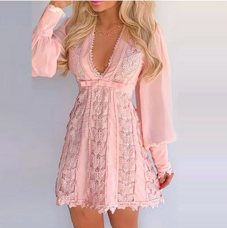 Infinity Beautiful White Lace Dress – Sexy V-Neck with Puff Sleeves & Butterfly Detail