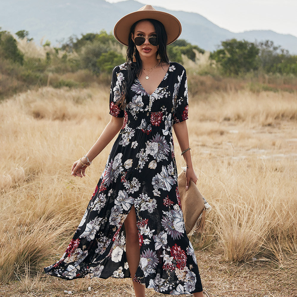 Infinity Beautiful Floral V-Neck Dress – Summer Beach Style with Elastic Waist - Infinity Beautiful Boutique