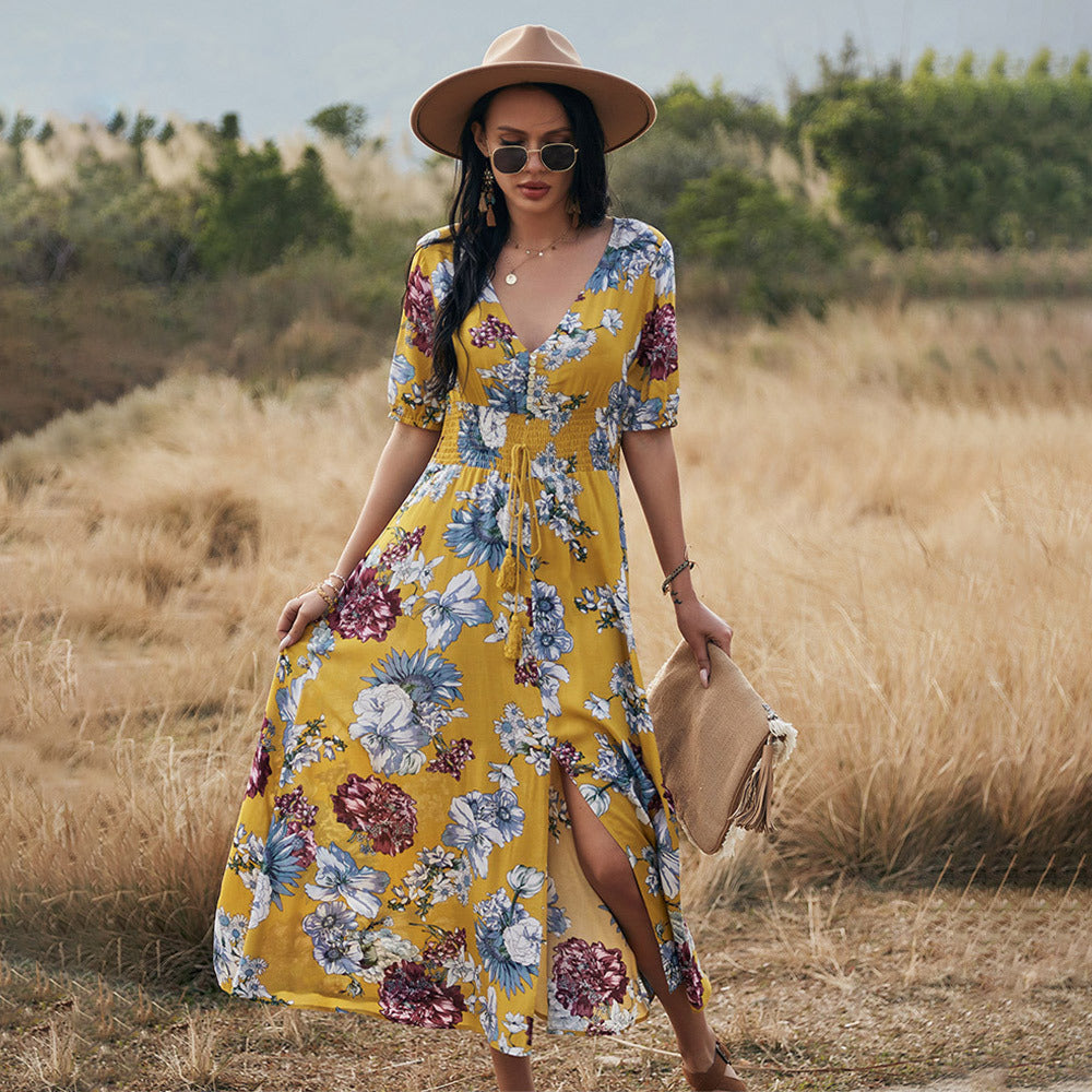 Infinity Beautiful Floral V-Neck Dress – Summer Beach Style with Elastic Waist - Infinity Beautiful Boutique
