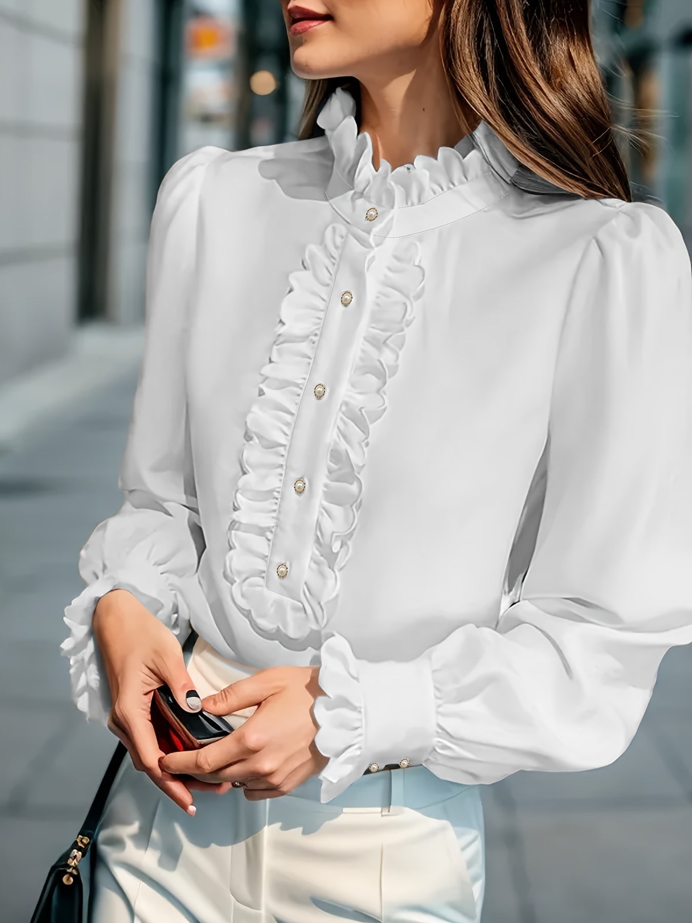 Infinity Beautiful Elegant Flare Hem Shirt – Stand Collar with Long Sleeves and Lotus Leaf Detail - Infinity Beautiful Boutique