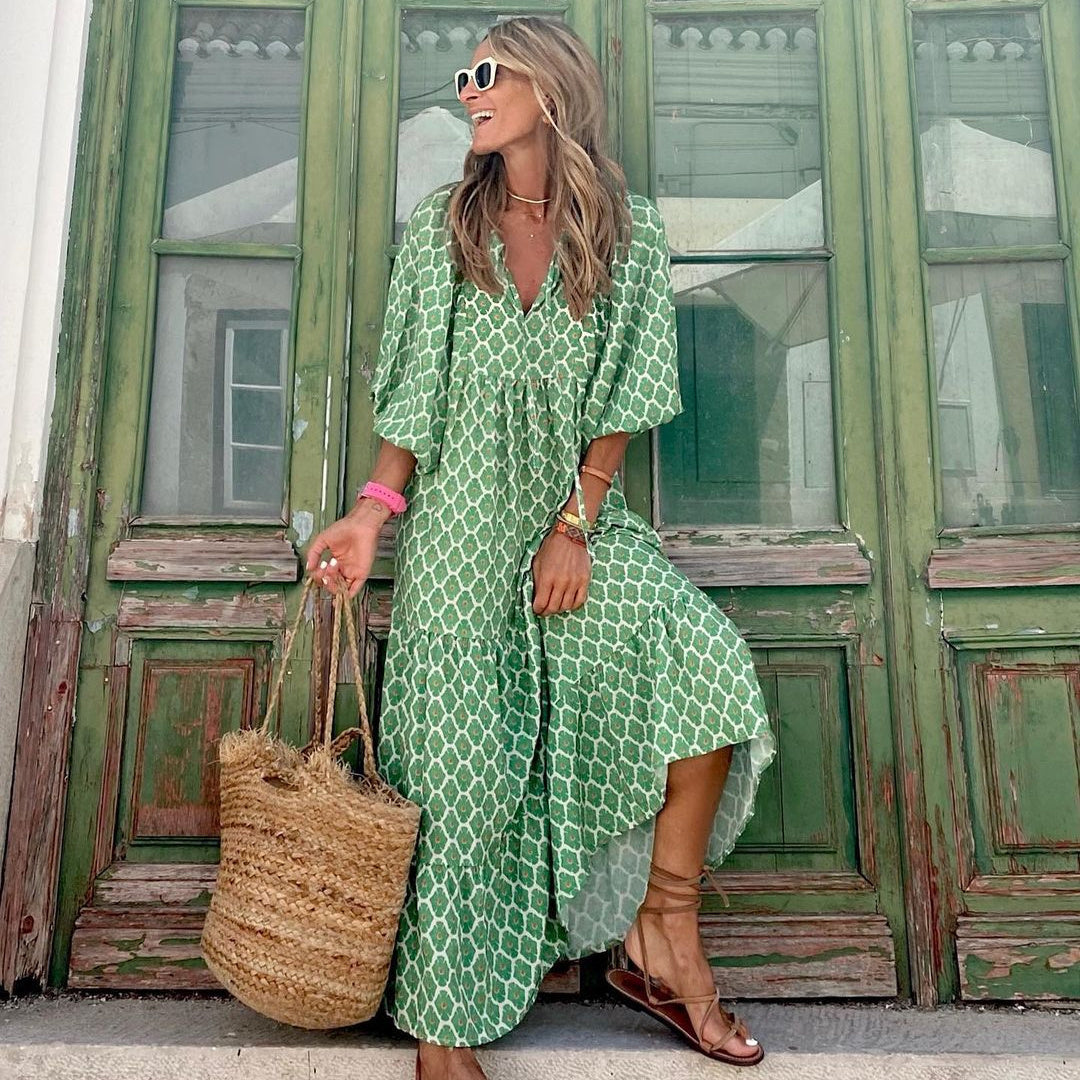 Infinity Beautiful Boho V-Neck Maxi Dress – Vintage Print Summer Style for Women