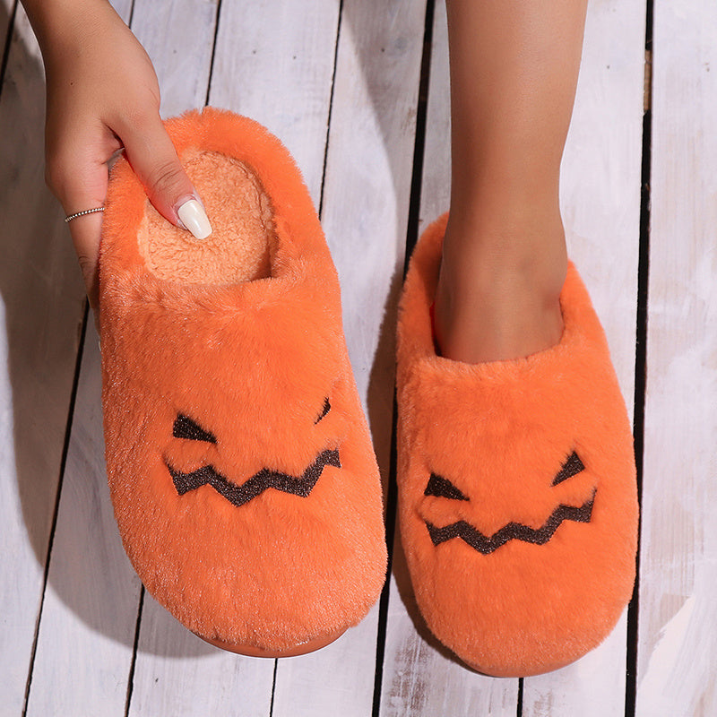Cute Halloween Pumpkin Slippers Winter Warm Plush Bedroom Floor Home Slippers Casual Slip On Comfortable Cozy Indoor House Shoes - Infinity Beautiful Boutique
