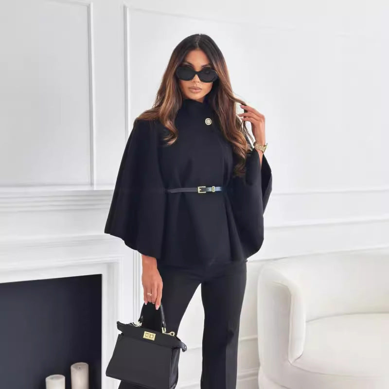 Batwing Sleeve Belted Cloak Jacket – Chic Woolen Sweater Top for Women - Infinity Beautiful Boutique