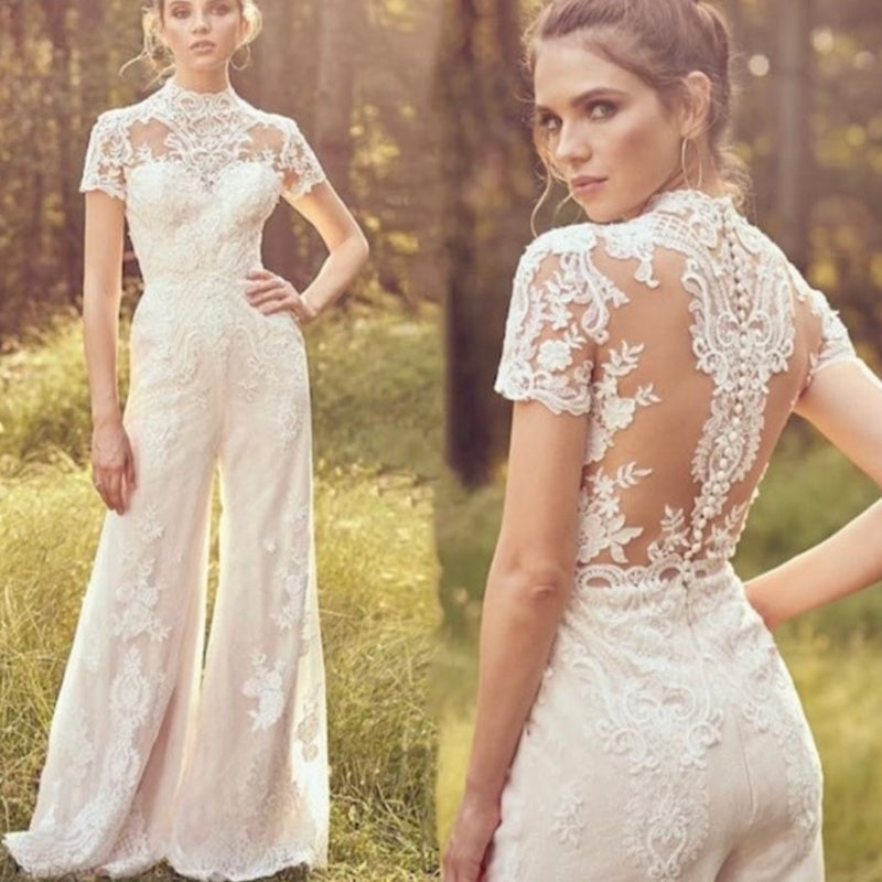 Infinity Beautiful Bridal Pantsuit – Short Sleeve Wedding Jumpsuit for Modern Brides - Infinity Beautiful Boutique
