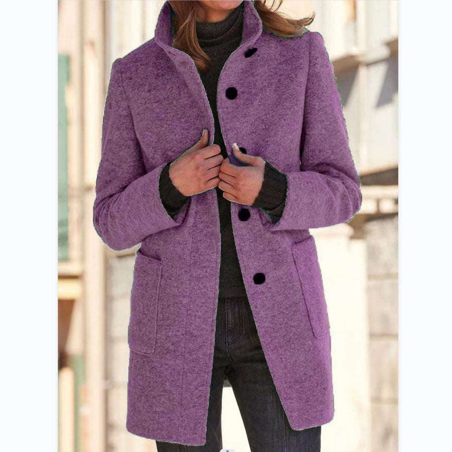 Fashion Stand Collar Woolen Coat With Pockets Fall Winter Casual Button Outwear For Women Clothing - Infinity Beautiful Boutique