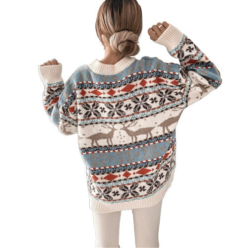 Women's Fashion Round Neck Loose Christmas Theme Jacquard Long Sleeve Sweater - Infinity Beautiful Boutique